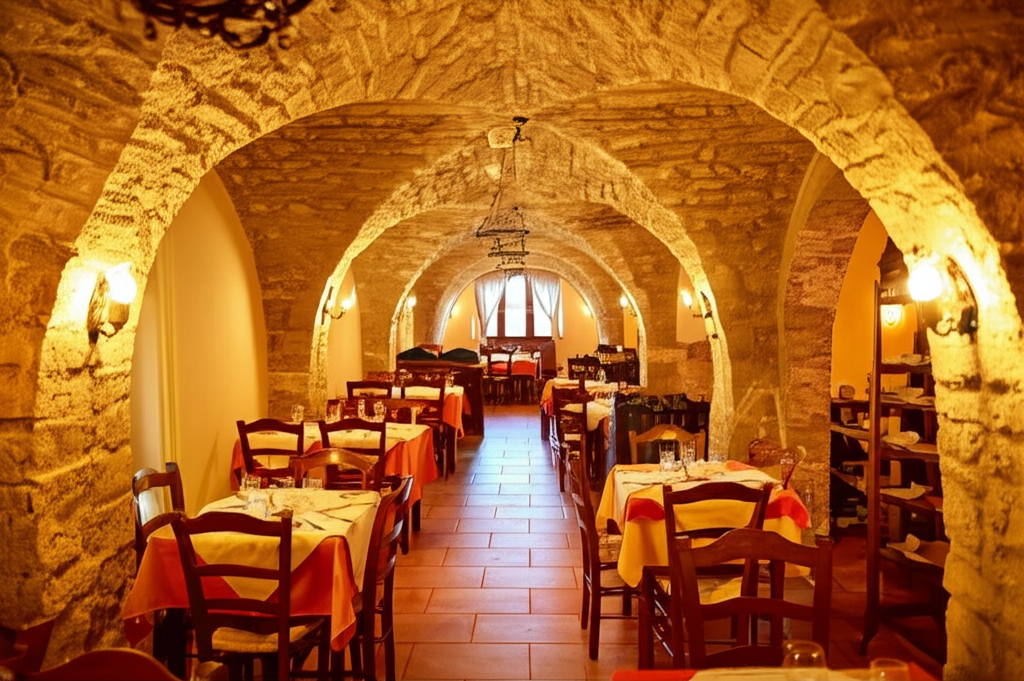 Interior con arcos de piedra